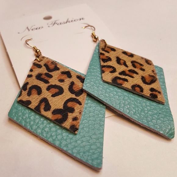 Jewelry - Turquoise And Leopard Print Leather Earrings 2/$25